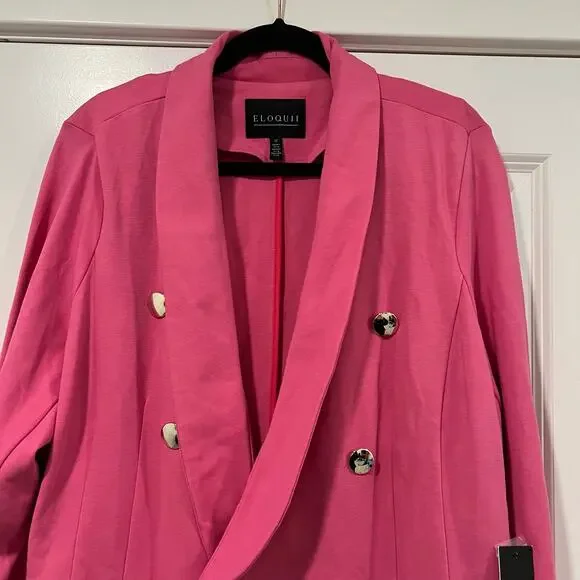 NWT Eloqui Women's Fabric Plus Size Blazer in Bright Pink Gold Buttons Size 22 - Picture 4 of 13